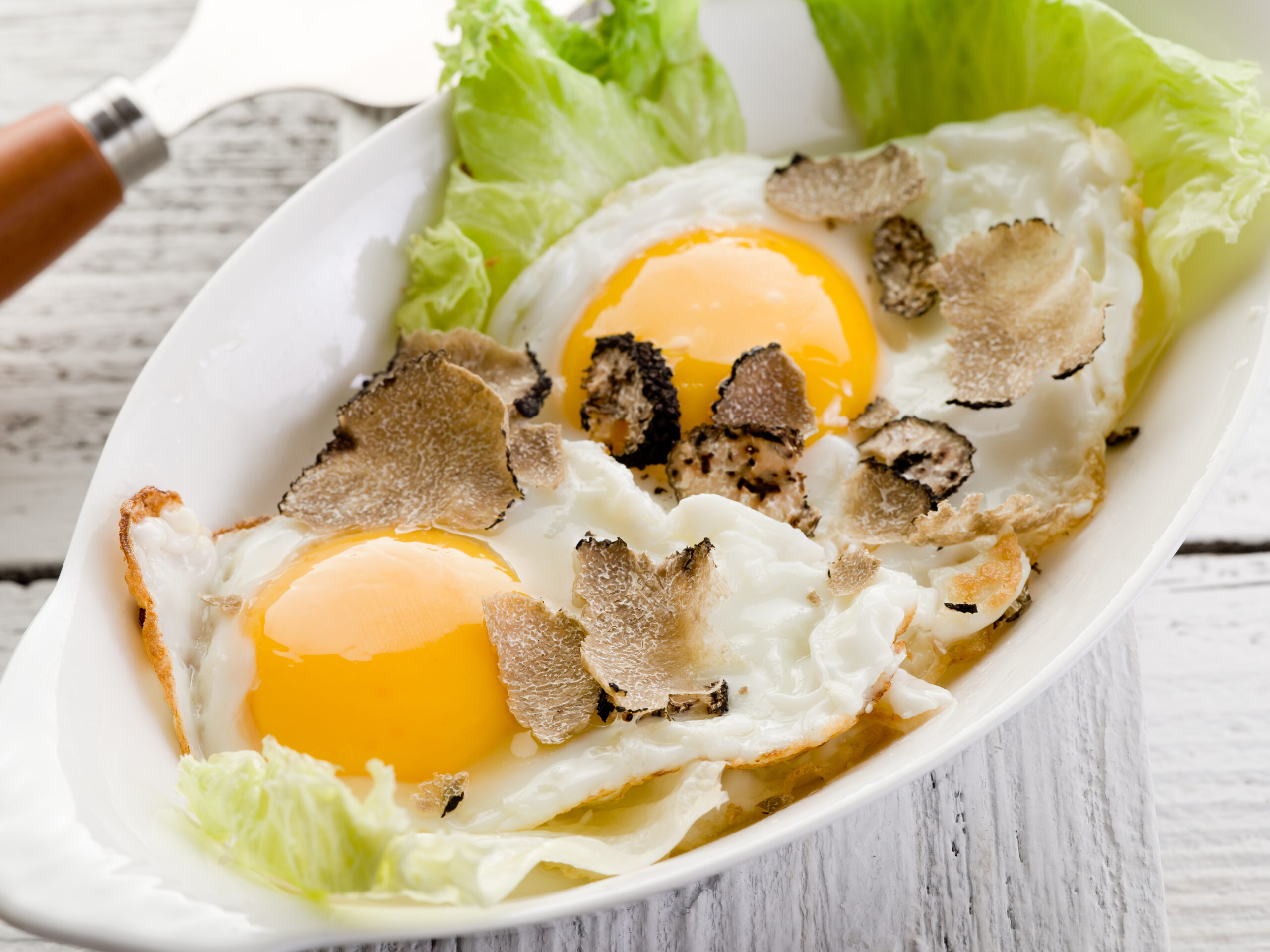 eggs with truffle over green salad